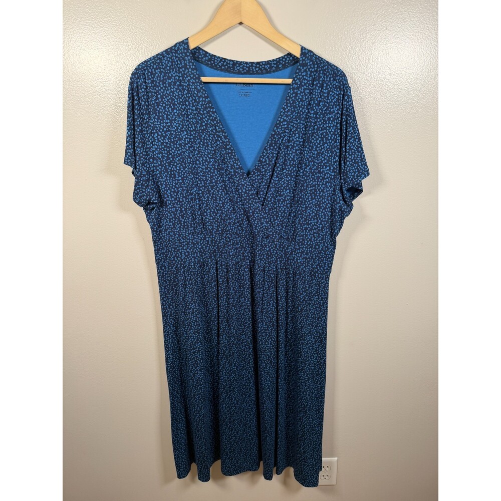 L.L. Bean Faux Wrap Summer Knit Dress Size 1X Blue Floral Casual Comfy